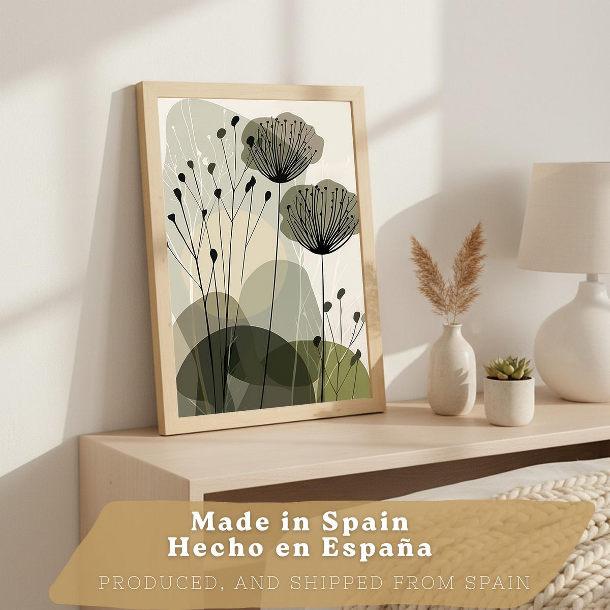 PLAKAT Sada 3 Zelené květy A3 Lehký dřevěný rám - béžová, papír (29.7/1/42cm) - Nacnic