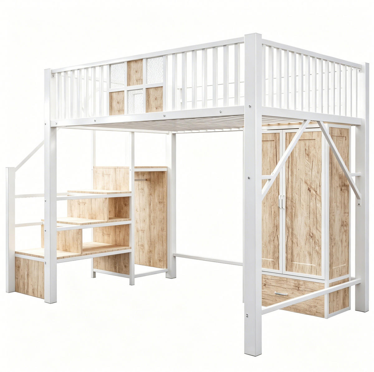 HOCHBETT 140/200 cm Weiß mit Kleiderschrank, Schublade und Aufbewahrungsleiter - Weiß, Metall (140/200cm) - MIVRAY