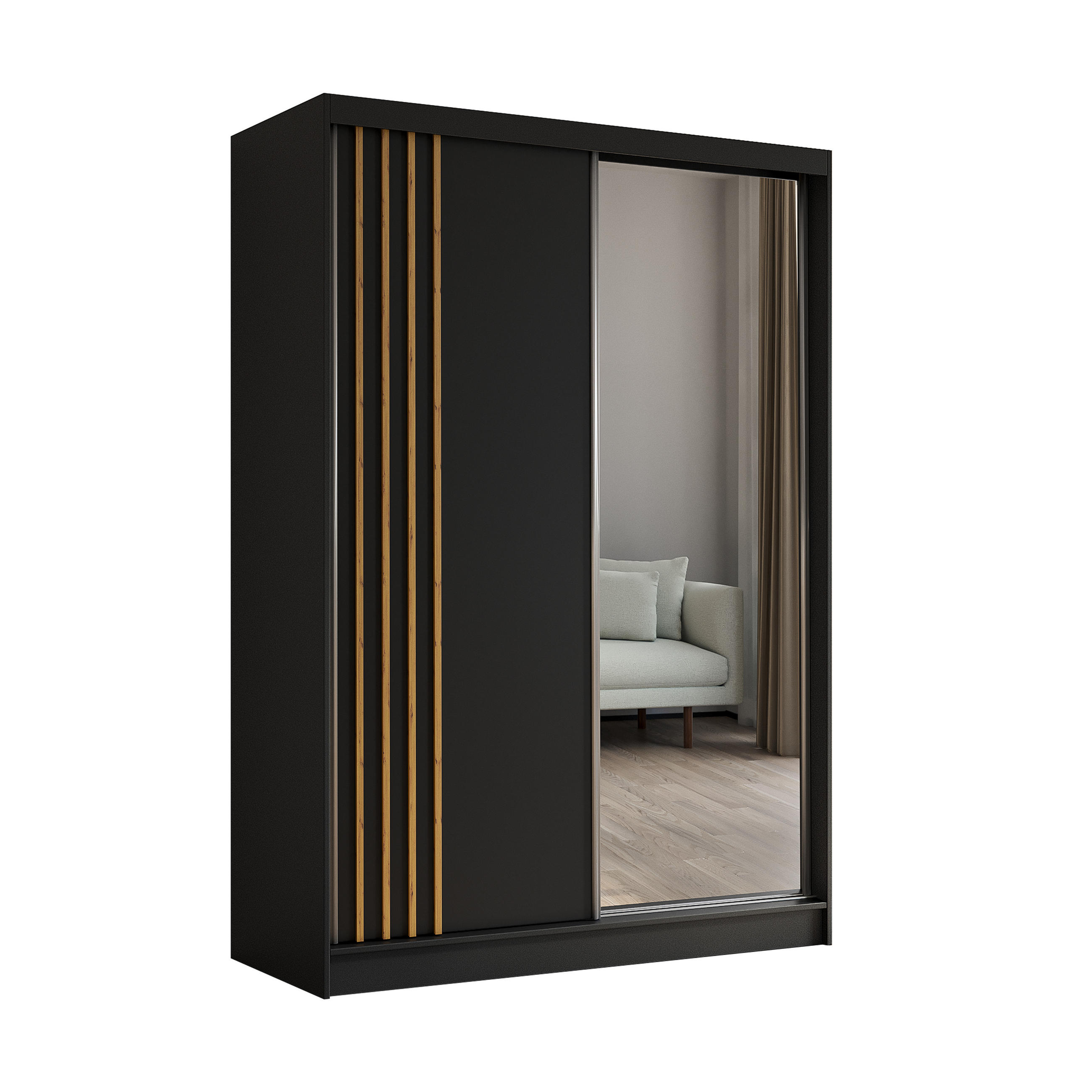 KLEIDERSCHRANK mit Spiegel-Schiebetüren und Aluminium-Leisten, LED-Beleuchtung - NALLA - 150 cm Schwarz+Schwarz+Artisan - Anthrazit/Eiche Artisan, Holzwerkstoff (150/216/61cm) - ALTDECOR