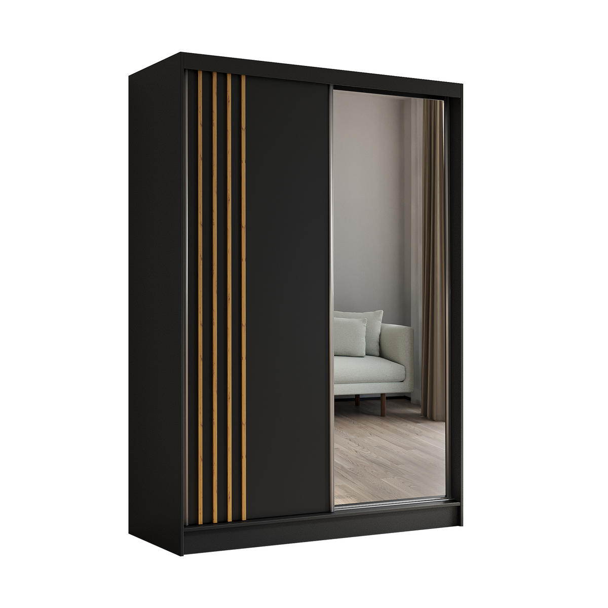 KLEIDERSCHRANK mit Spiegel-Schiebetüren und Aluminium-Leisten, LED-Beleuchtung - NALLA - 150 cm Schwarz+Schwarz+Artisan - Anthrazit/Eiche Artisan, Holzwerkstoff (150/216/61cm) - ALTDECOR