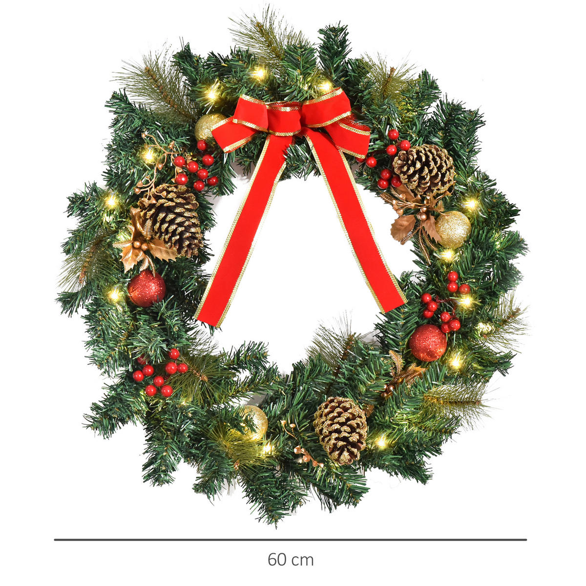 KÜNSTLICHER Weihnachtskranz mit 20 LEDs Grün 60.0/60.0/2.54 cm - Grün, Kunststoff (60cm)