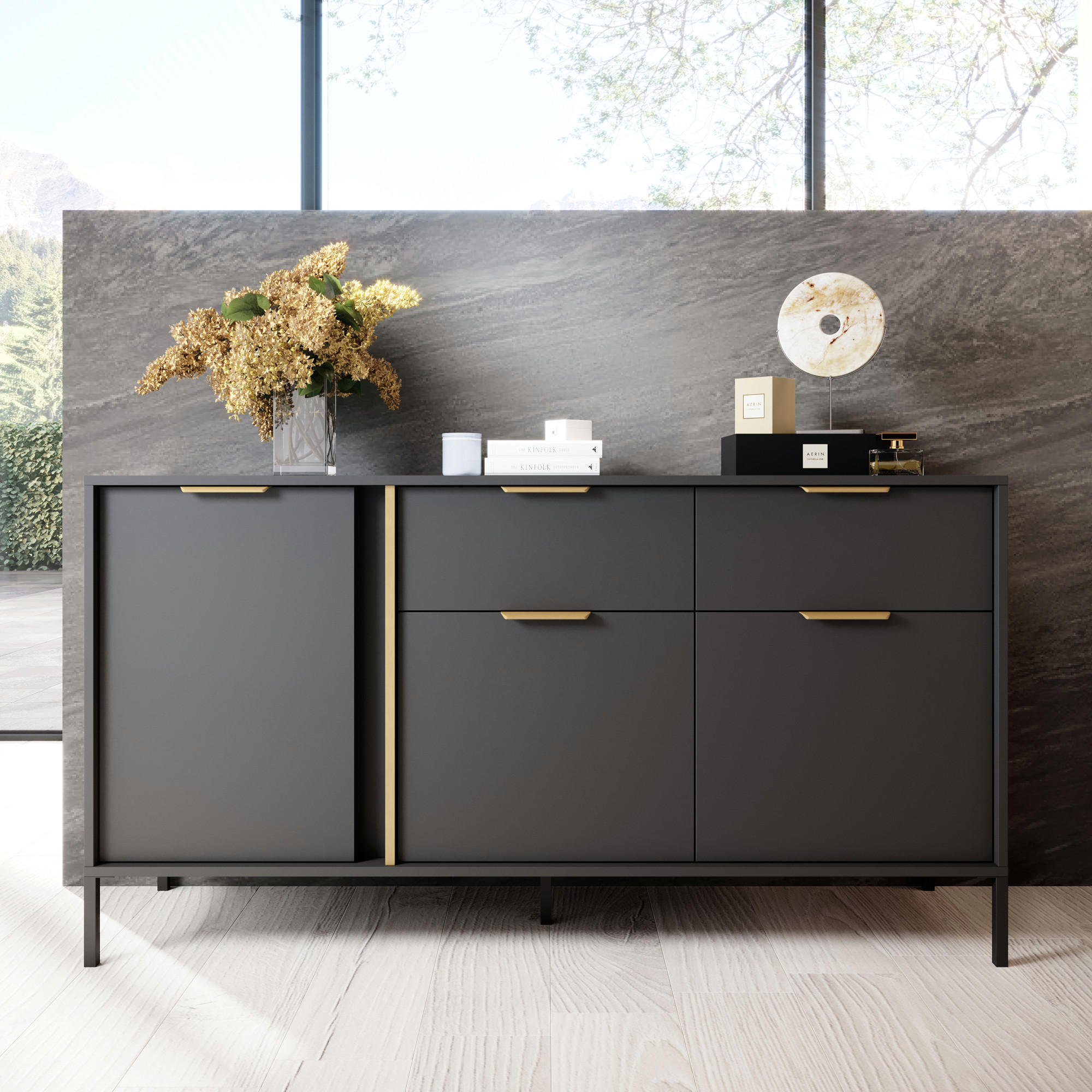 Thumbnail - Komodee Sideboard, Anthrazit, Glas, Holzwerkstoff, 1 Fächer, 2 Schubladen, 153x82x40 cm, Wohnzimmer, Kommoden & Sideboar...