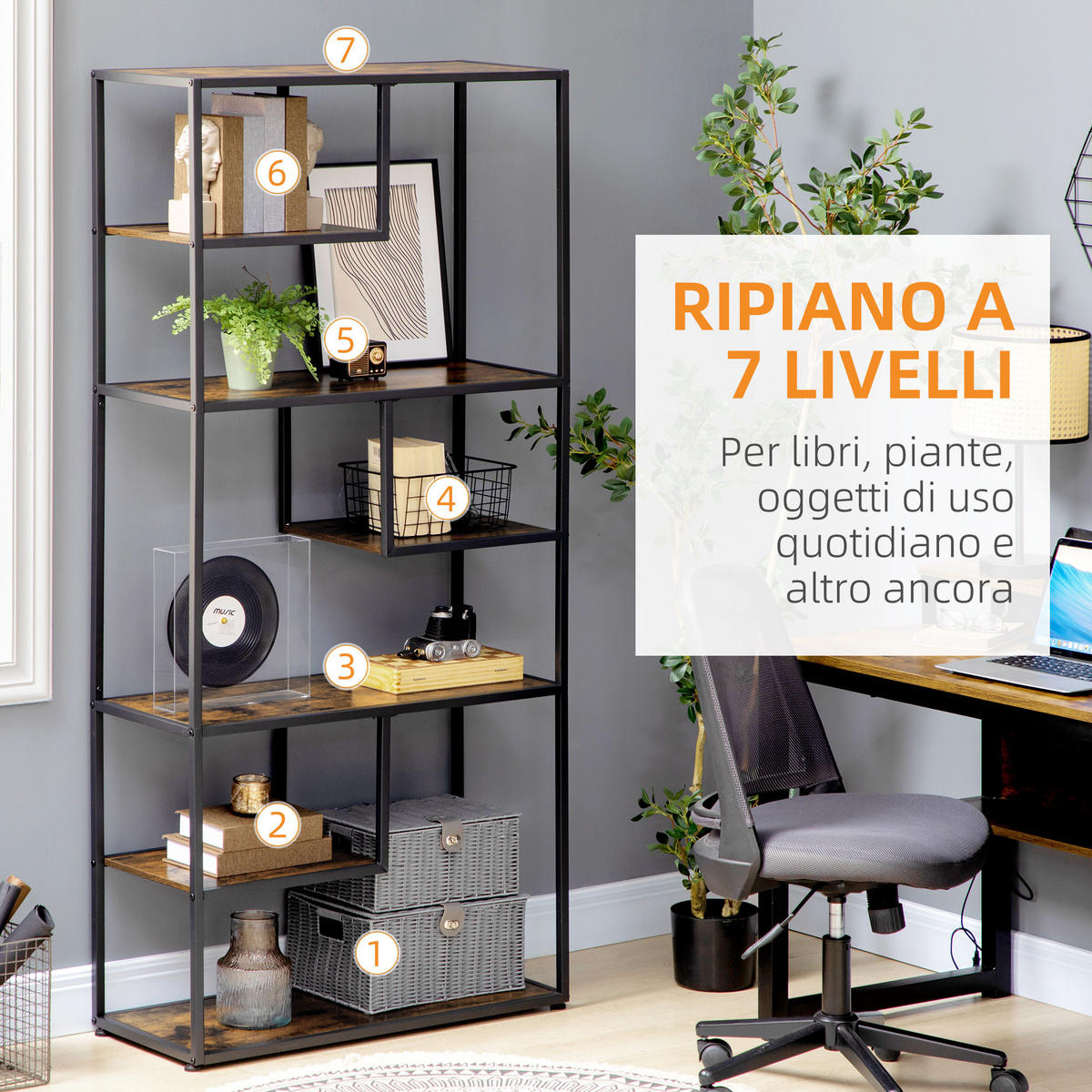 BÜCHERREGAL,7-STUFIG Industrie Holz-Stahl 83x34x180cm,braun - Braun, Holzwerkstoff (83/180/34cm) - Vallsero