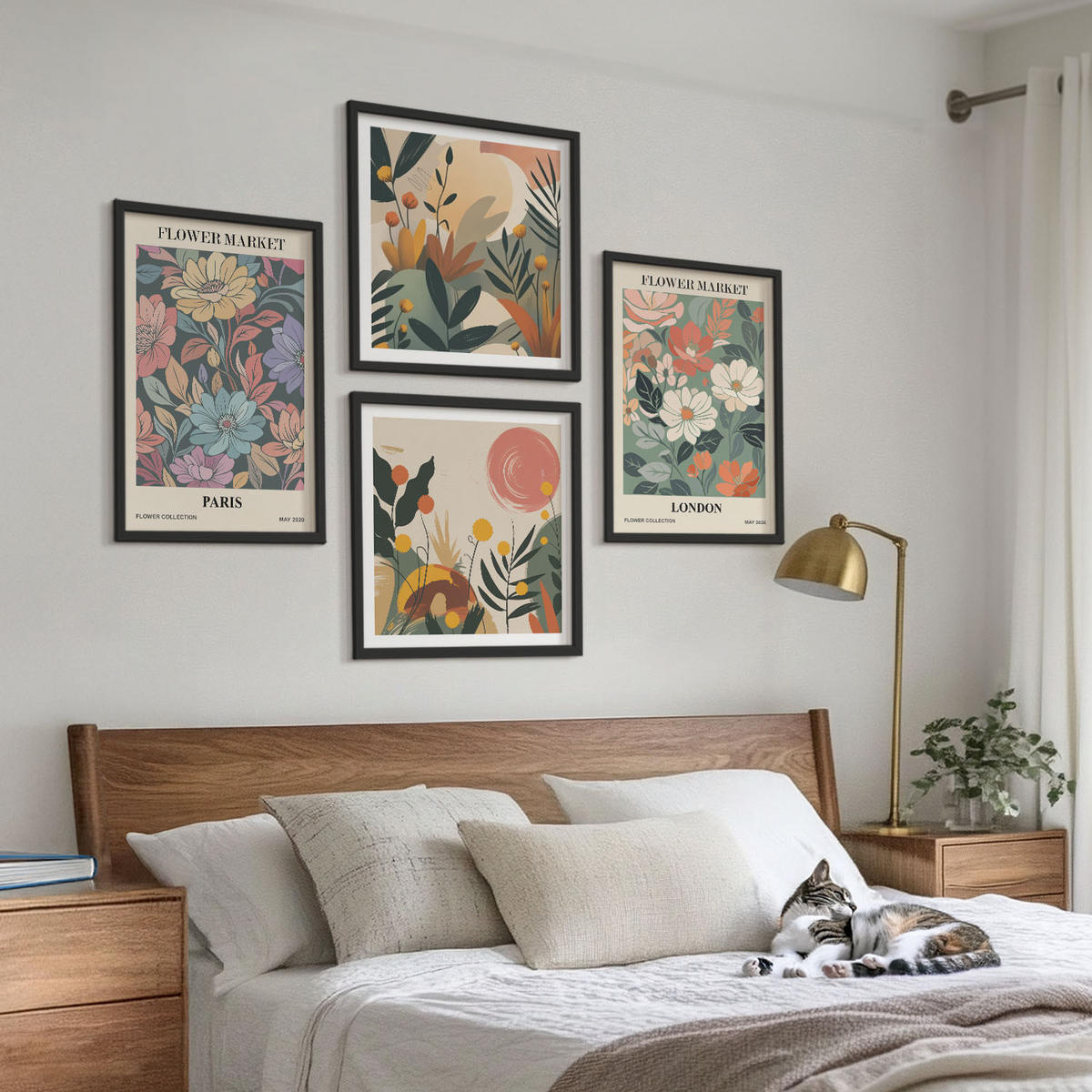 WANDBILDER 4er-Set - 50x50 cm & 40x60 cm Schwarzer Rahmen - Blumenposter Paris London - Schwarz, Kunststoff (50/50cm) - ArtPrintCave