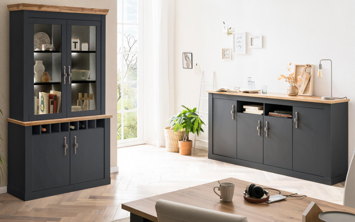 ESSZIMMER-SET 2-teilig grau, Eiche Wotan, Landhaus, Wohnkombination mit Soft-Close - Silberfarben/Eiche Wotan, Glas/Holzwerkstoff (200/201/45cm) - Furn.Design