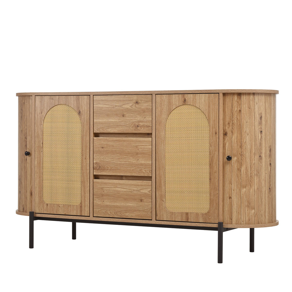 SIDEBOARD in Holzoptik mit Rattan, ovale Form und verstellbaren Fächern - Naturfarben, Holzwerkstoff (140/77.5/38cm) - Urban Meuble