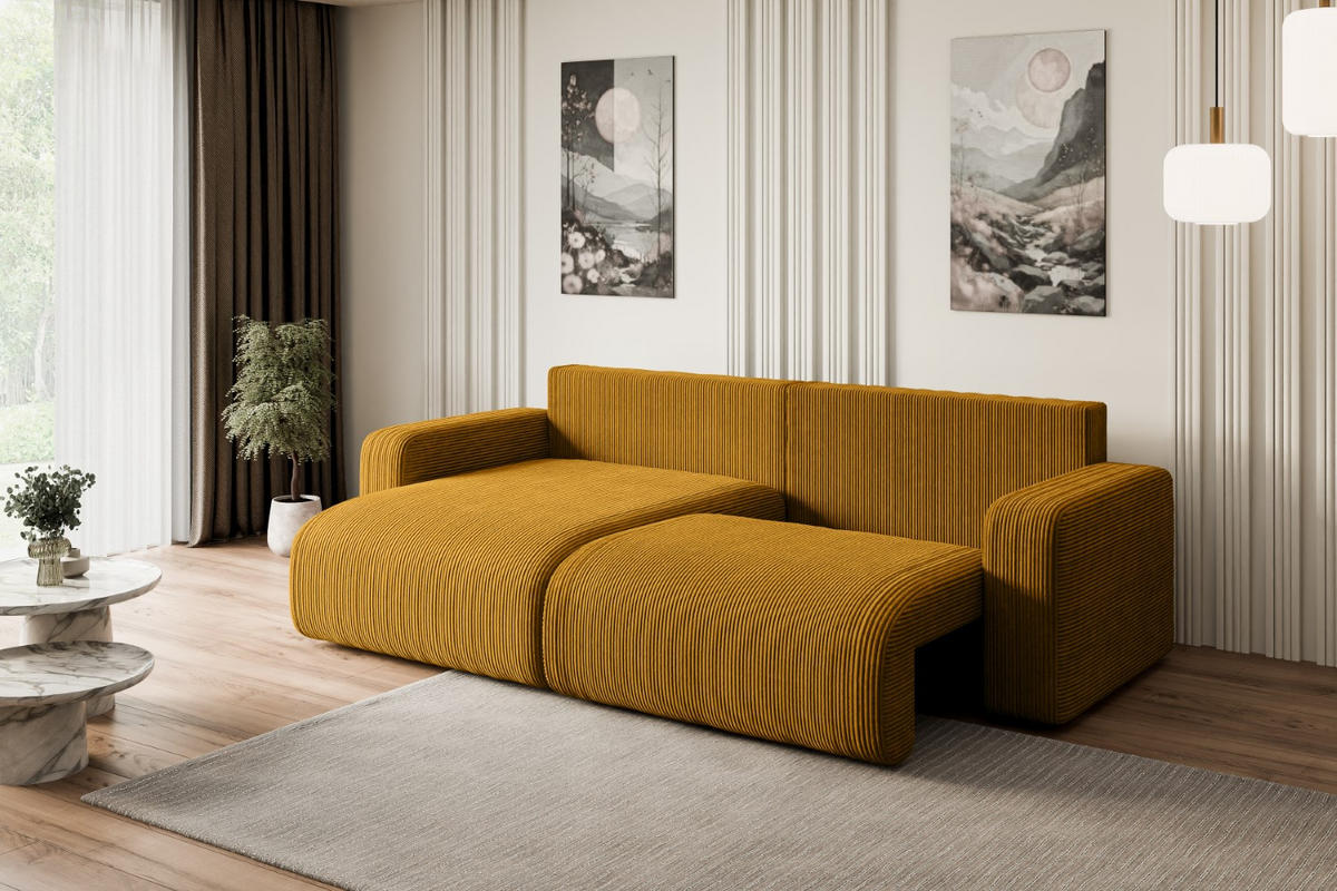 ECKSOFA mit Schlaffunktion und Bettkasten KLEEA-L - 247x143x83 cm Senfgelb Cord - Gelb/Schwarz, Holzwerkstoff/Kunststoff (247/143cm) - ALTDECOR