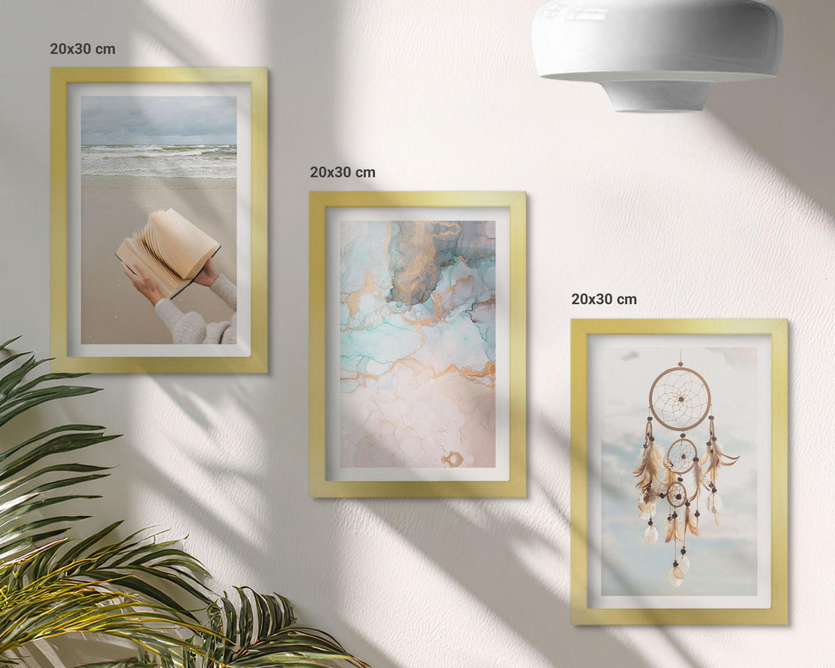 BILDER SET 3er Set - 20x30 cm Goldrahmen - Abstraktes Meeresbuch Boho - Goldfarben, Kunststoff (20/30cm) - TULUP