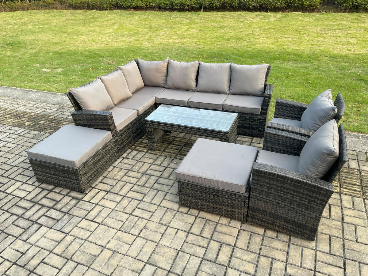 GARTENLOUNGE mit Ecksofa Polyrattan Dunkelgrau 10-Sitzer - Dunkelgrau/Grau, Glas/Kunststoff - Fimous