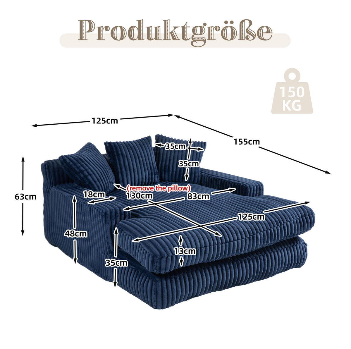 BIGSOFA Chaiselongue Cord mit 3 Kissen bodennah 125/155/63 cm Dunkelblau - Dunkelblau, Textil (63/125/155cm) - Redom