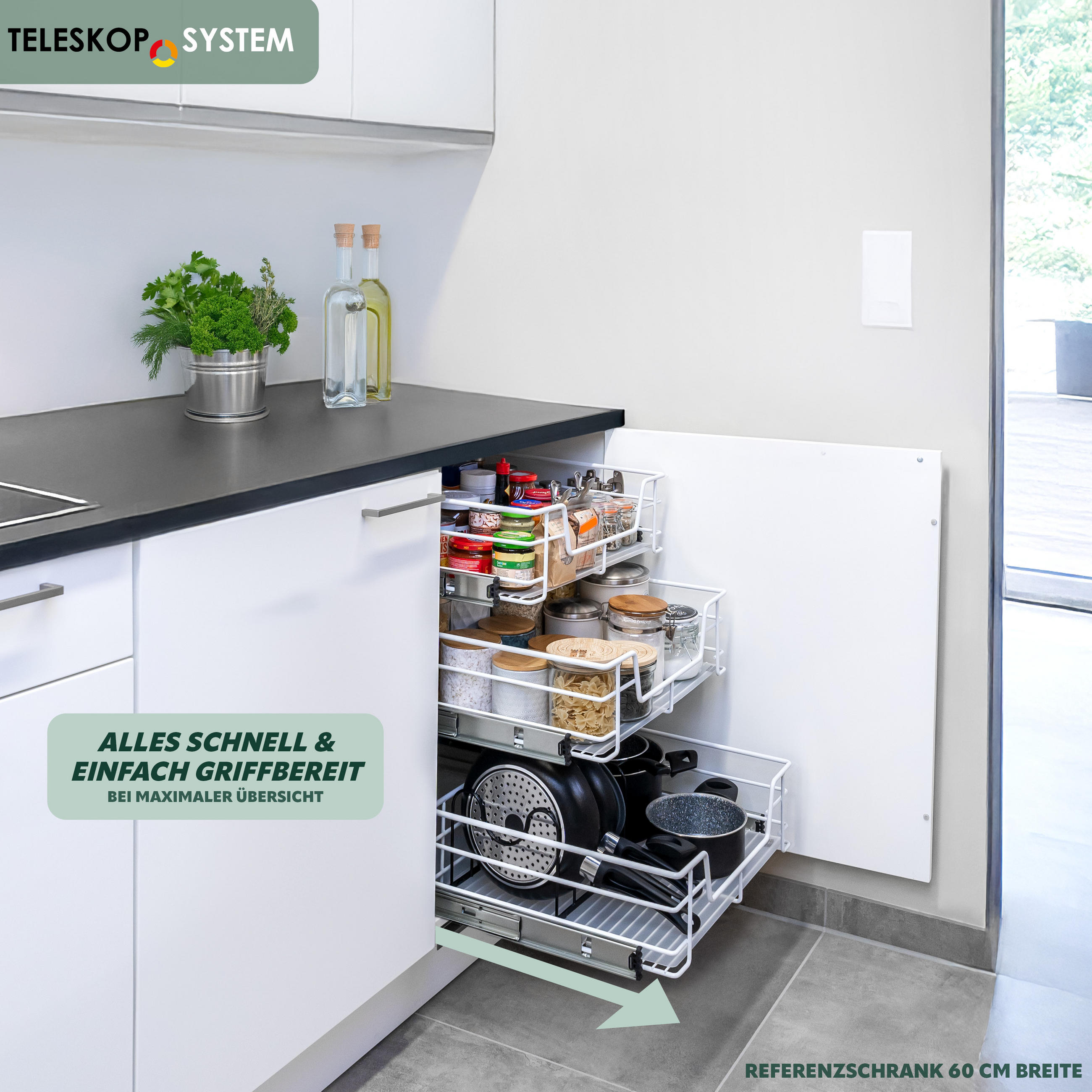 TELESKOPSCHUBLADE 45 cm, weiß, Metall - Weiß, Metall (42/14/44cm) - bremermann