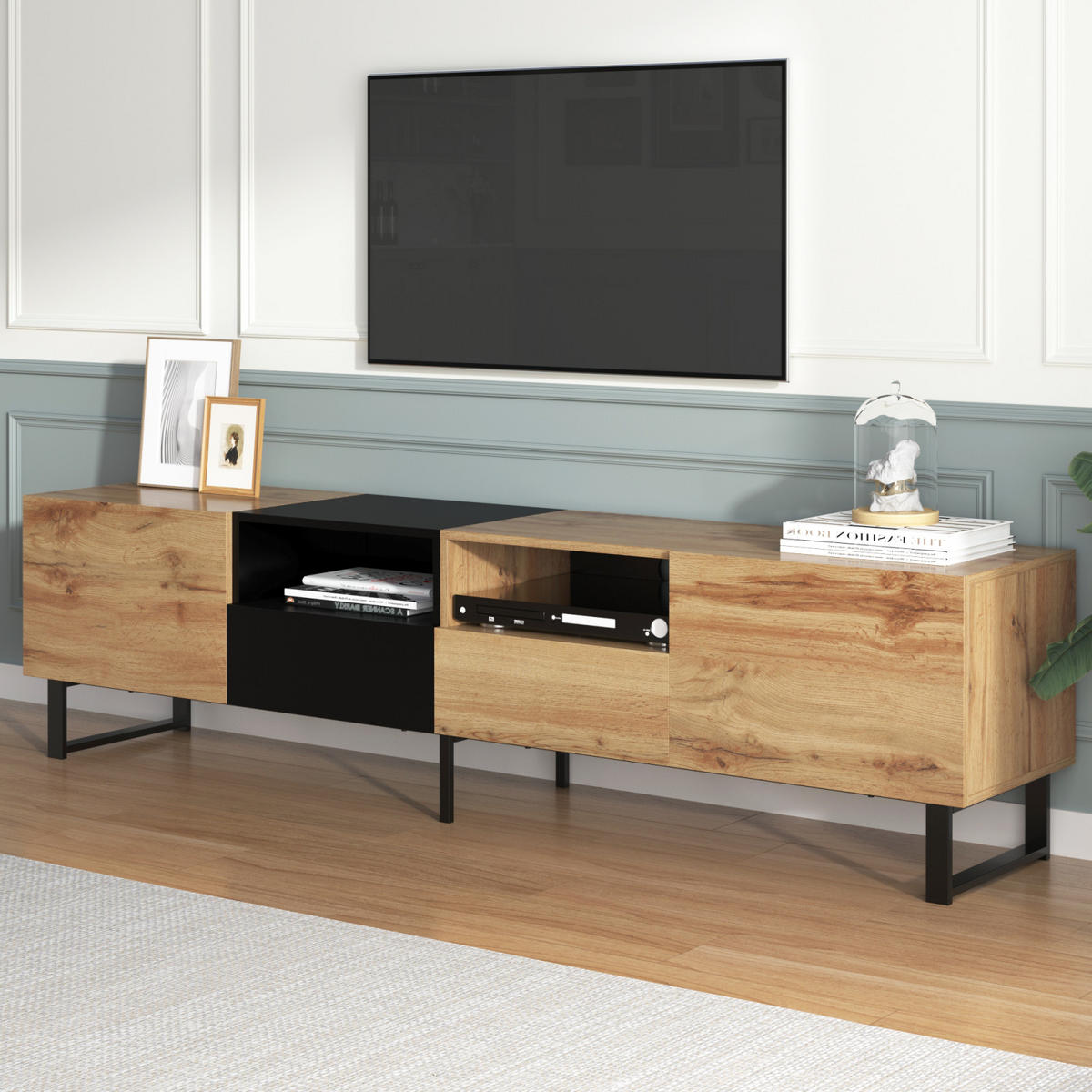 TV Lowboard 190x38x48 cm, 2 Türen, 2 Schubladen, Schwarz Holz - Schwarz, Holz (190/48/38cm)