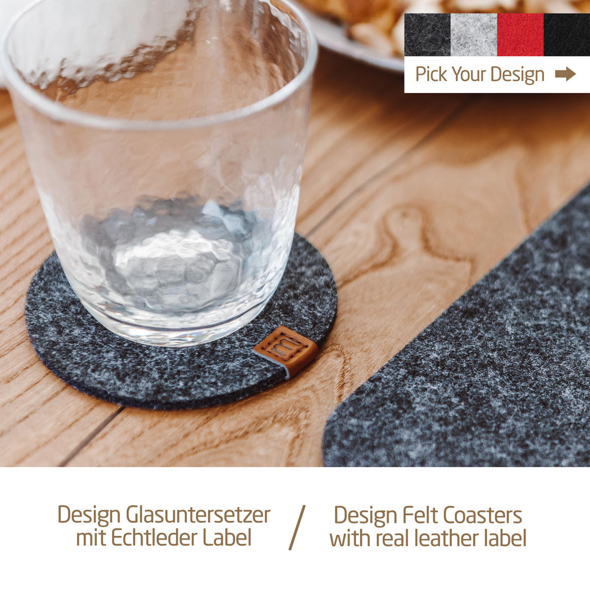 GLASUNTERSETZER mit Lederlabel 10er-Set - Schwarz, Textil (11/13cm) - Miqio Design