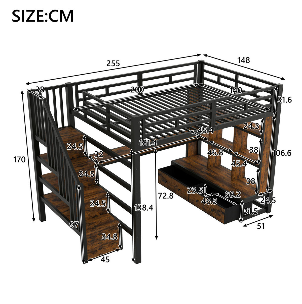 HOCHBETT 140x200 cm in Schwarz mit Schreibtisch, Stauraumtreppe und LED-Beleuchtung - Schwarz, Holzwerkstoff (140/200cm) - IVMEU