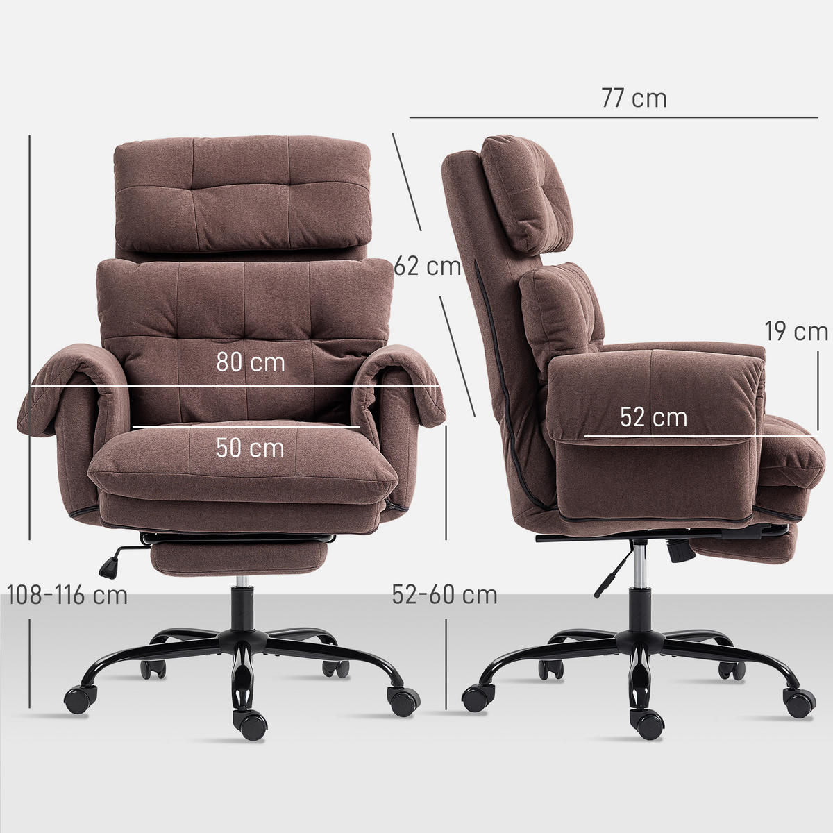 BÜROSTUHL, Ergonomischer Schreibtischstuhl mit Armlehne, Fußstütze, Kaffee - Schwarz/Braun, Textil/Metall (77/116/80cm) - HOMCOM