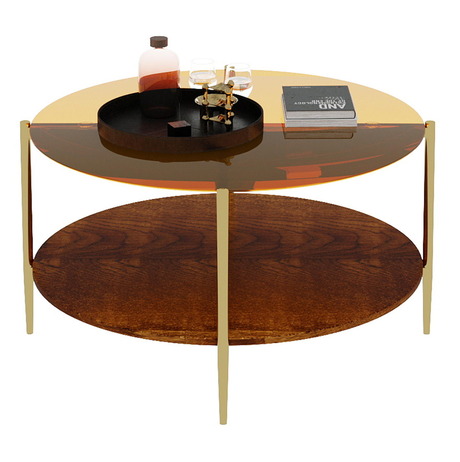 COUCHTISCH Ø82/45 cm in Gold mit Glasplatte und Holzablage - Goldfarben, Glas (82/82/45cm) - BEAOK