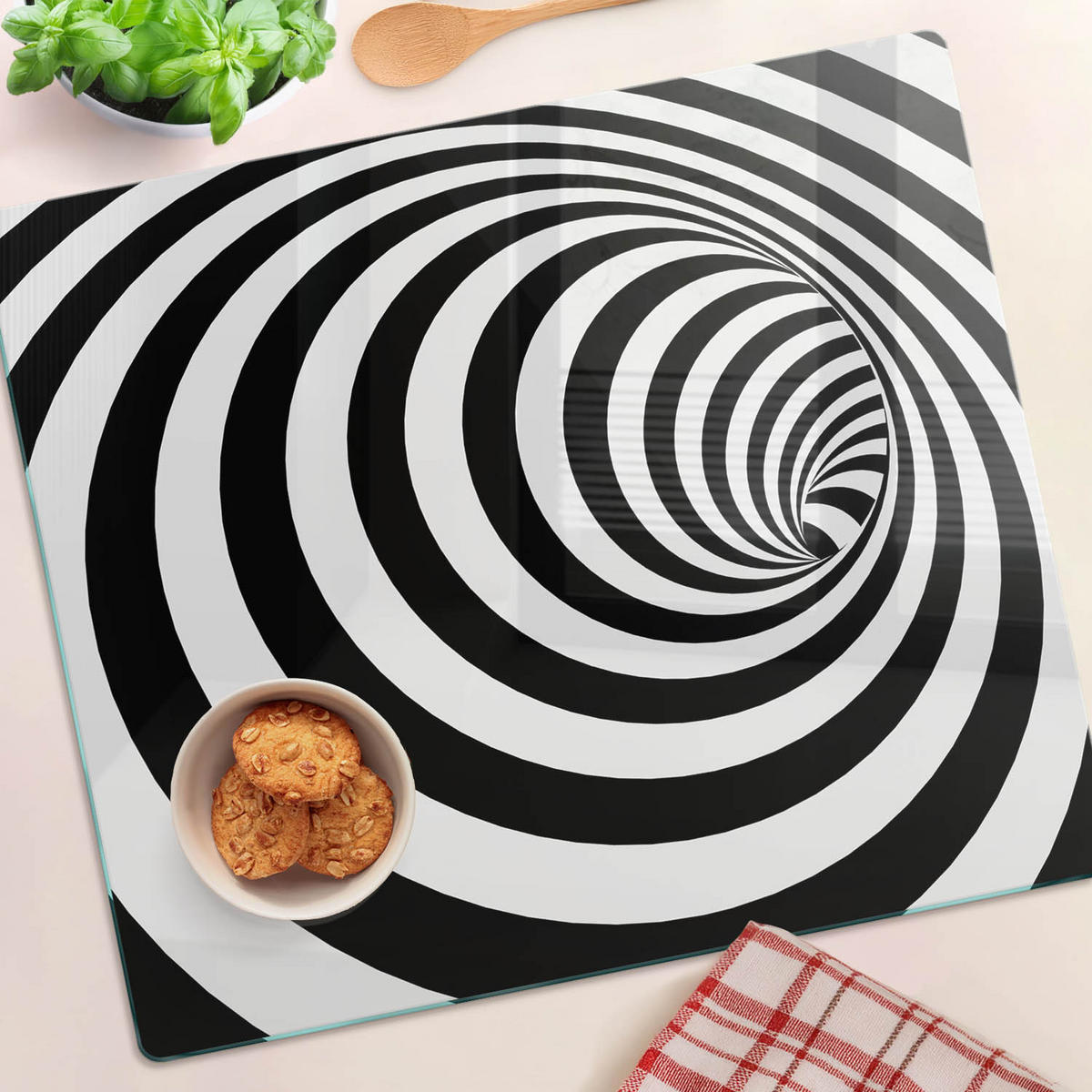 GLASPLATTE 60x52 cm Spirale mit Streifen - Schwarz, Glas (60/0.4/52cm) - TULUP