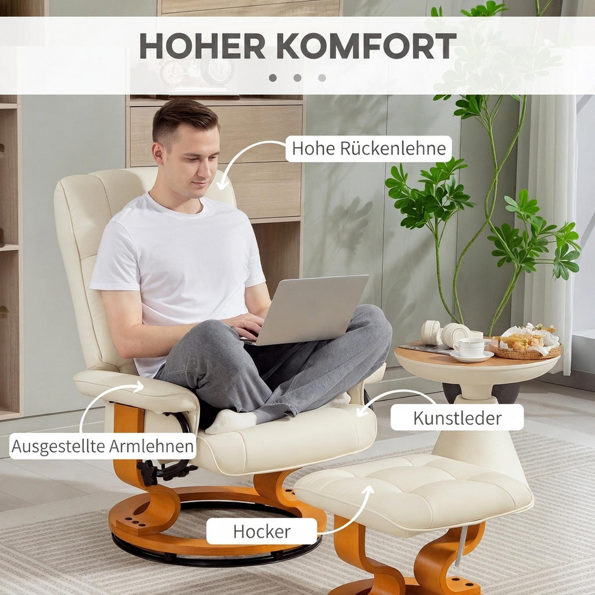RELAXSESSEL-MIT-HOCKER 2er Set Kunstleder Holz Cremeweiß - Creme/Naturfarben, Holz/Kunststoff (85/104/76cm) - HOMCOM