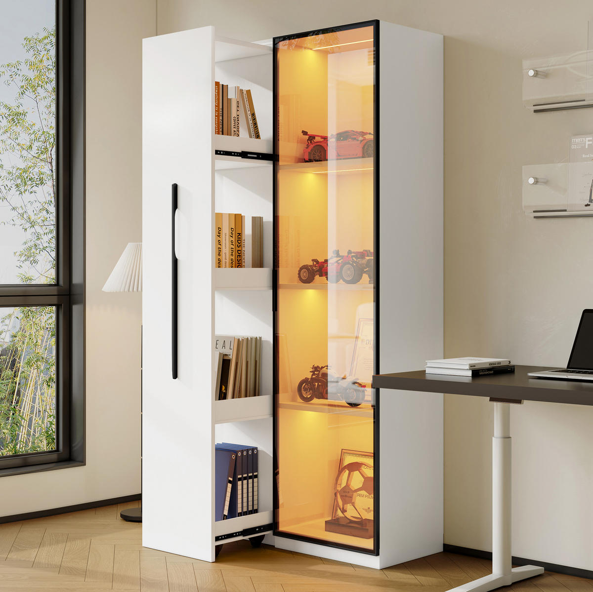 VITRINE 70/40/160 cm aus MDF mit ausziehbarem Bücherregal und LED-Beleuchtung Weiß - Weiß, Holzwerkstoff (70/160/40cm) - Modenvie