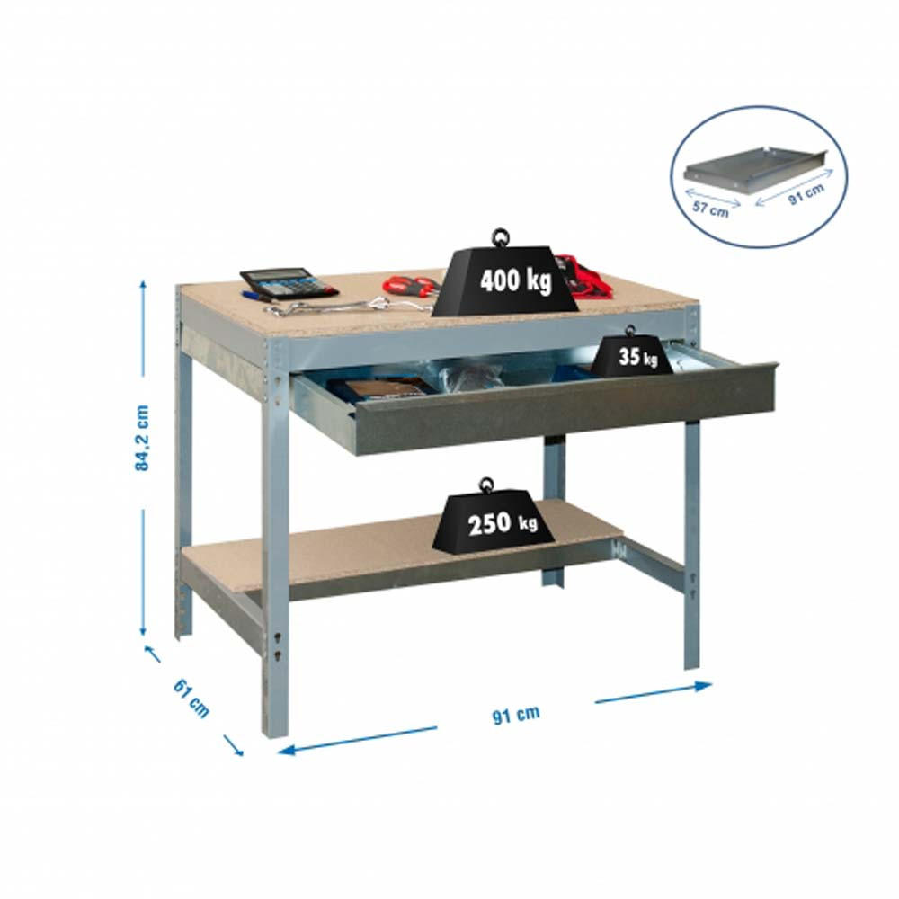 WERKBANK BUFFALO mit Schubfach | HxBxT 84x90x61cm | Traglast 400kg | Grau - Grau, Metall (90/84/61cm) - PROREGAL