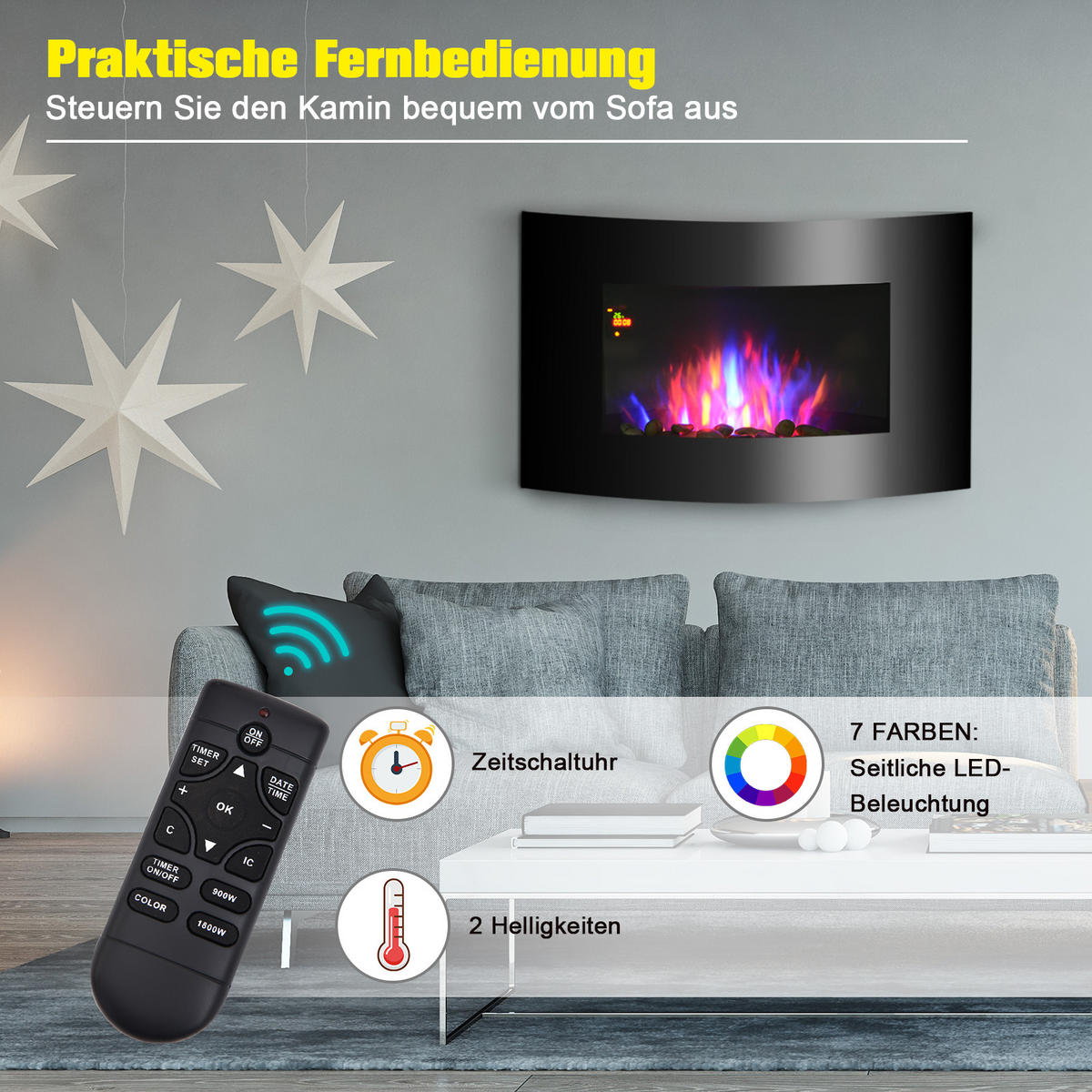 ELEKTROKAMIN, 2 Leistungsstufen einstellbar, 900/1800 W LED, Edelstahl, Schwarz - Schwarz, Metall (11.4/52/65cm) - HOMCOM