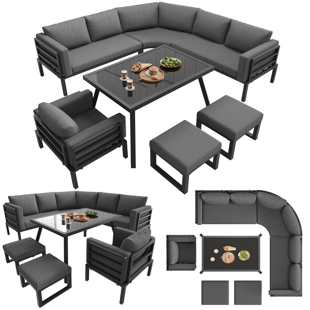 GARTENMÖBEL-SET für 8 Personen, Eisengestell mit grauen Polstern, Glastisch, 1 Sessel & 2 Hockern, Grau - Grau, Textil - Kaket