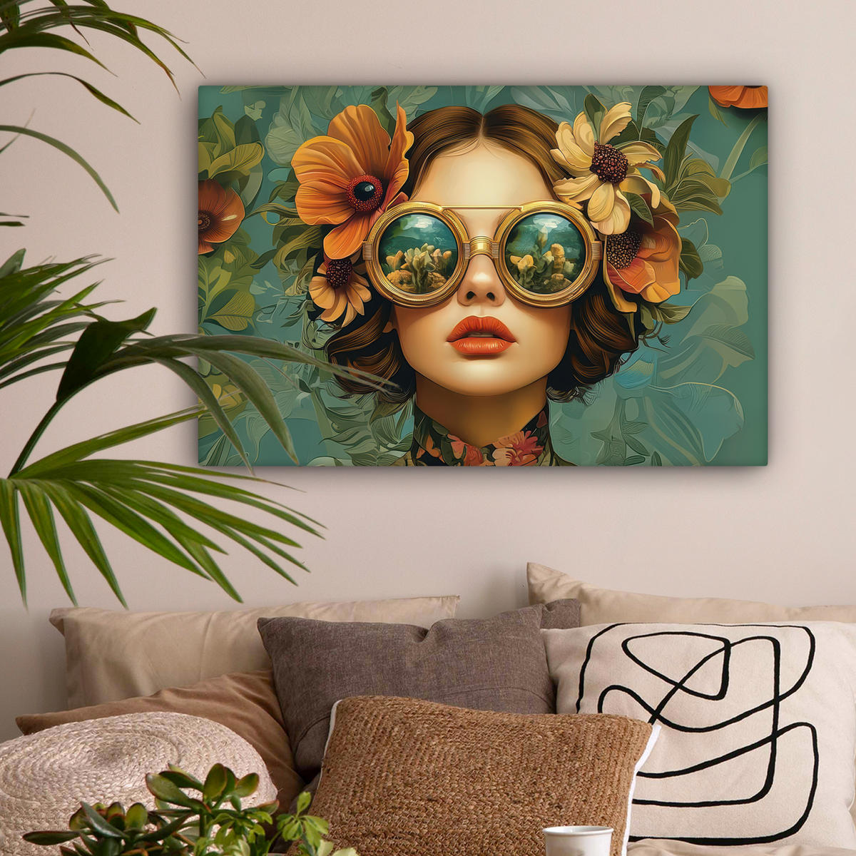 LEINWANDBILD Frau - Blumen - Schmetterlinge - Natur - Vintage Gemälde 60x40 cm - Salbeigrün, Textil (60/40cm) - MuchoWow