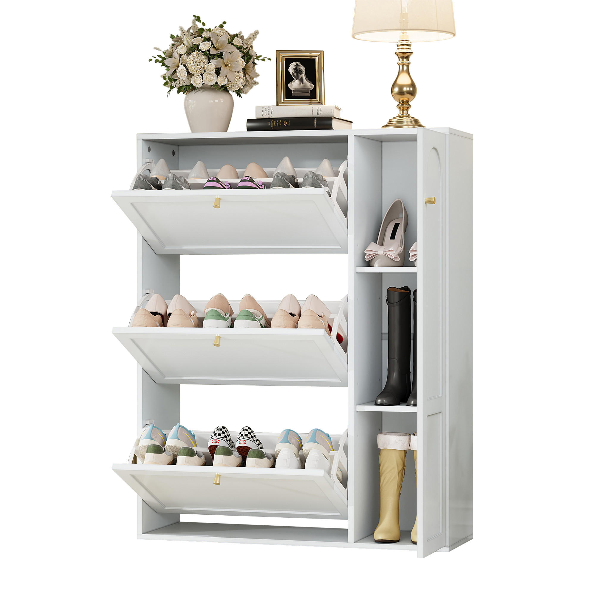 SCHUHSCHRANK aus MDF & Spanplatte 90x25x114cm in Weiß mit 3 Klappen & 1 Tür - Weiß, Holzwerkstoff (90/114/25cm) - Modfu