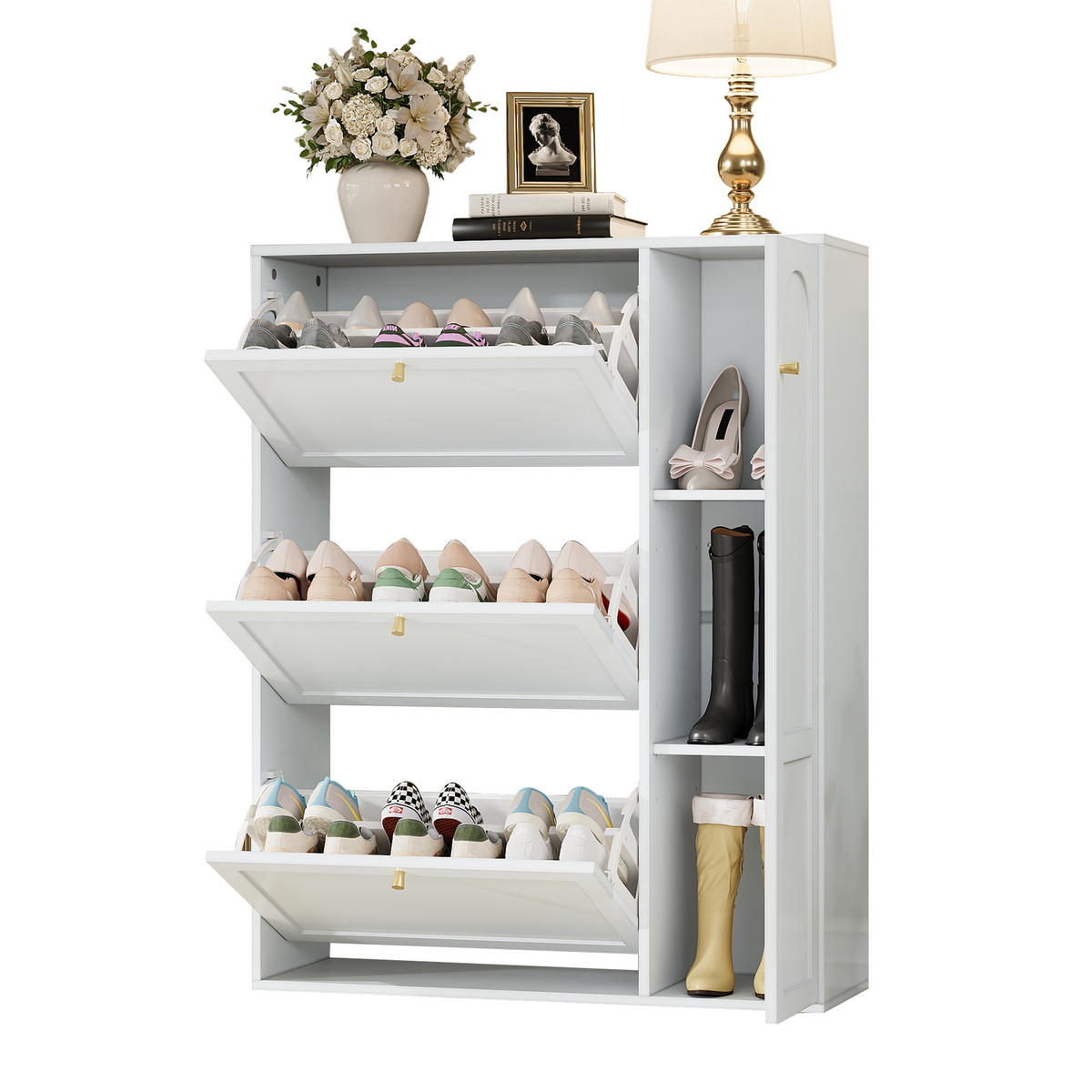 SCHUHSCHRANK aus MDF & Spanplatte 90x25x114cm in Weiß mit 3 Klappen & 1 Tür - Weiß, Holzwerkstoff (90/114/25cm) - Modfu