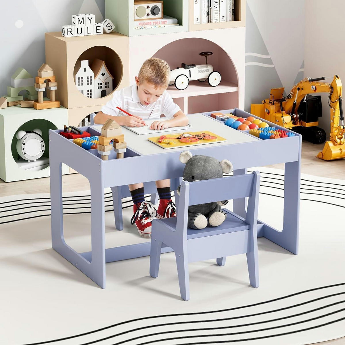 KINDERTISCH mit 2 Stühlen 3-teiliges Set Blau - Hellblau, Holzwerkstoff (48/48/80cm)