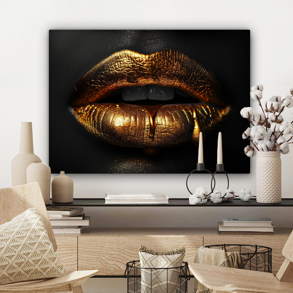 LEINWANDBILD Frau - Porträt - Lippen - Gold - Schwarz Wandbilder 80x60 cm - Schwarz, Textil (80/60cm) - MuchoWow