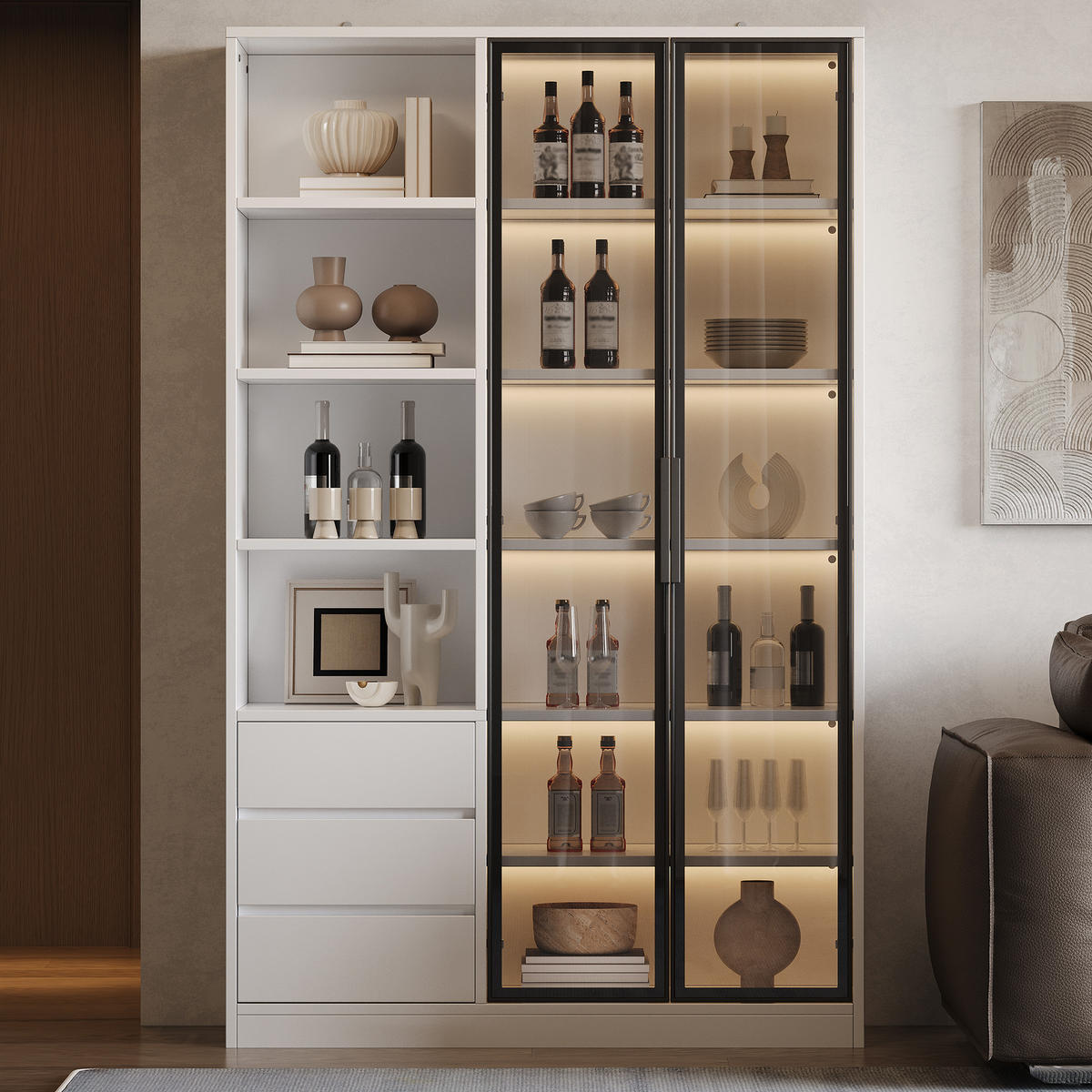 HOCHSCHRANK Weiß mit LED, 3 Schubladen und Glastüren - Weiß, Holzwerkstoff (100/160/35cm) - FLIEKS