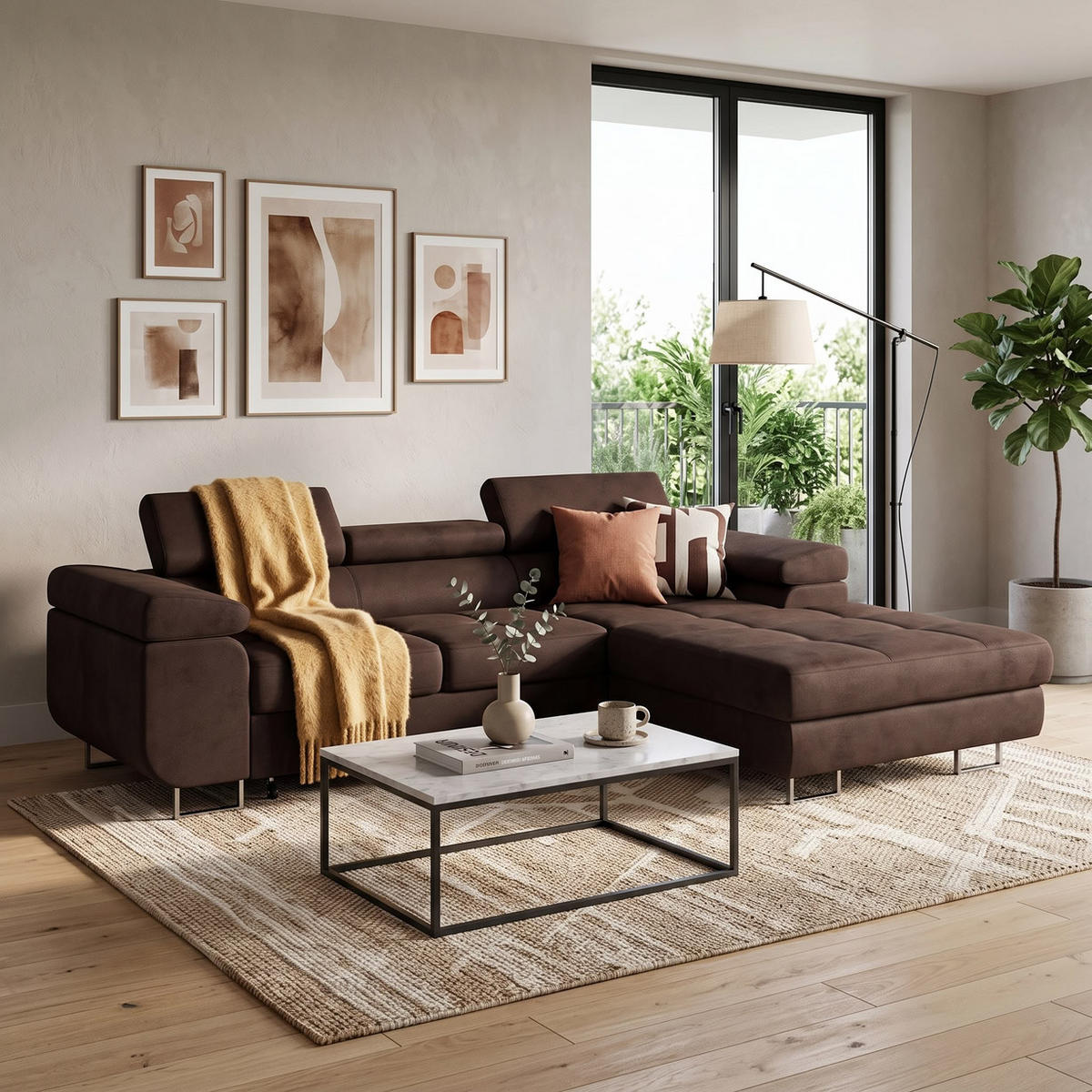 ECKSOFA VEMO CORE Rechts Dunkelbraun Velours-Stoff mit Schlaffunktion und Bettkasten - Dunkelbraun, Holz/Metall (280/205cm) - Barchello
