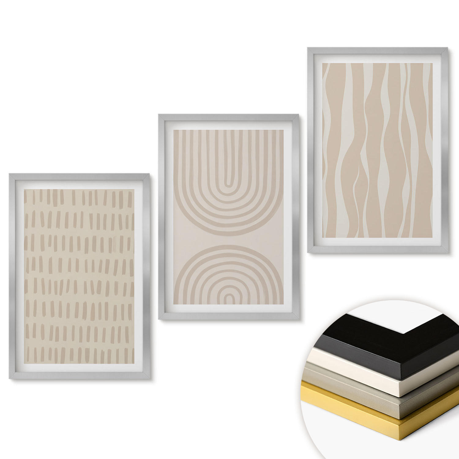 WANDBILDER 3er Set - 40x60 cm Silberner Rahmen - Abstrakte beige Muster - Silberfarben, Kunststoff (40/60cm) - ArtPrintCave
