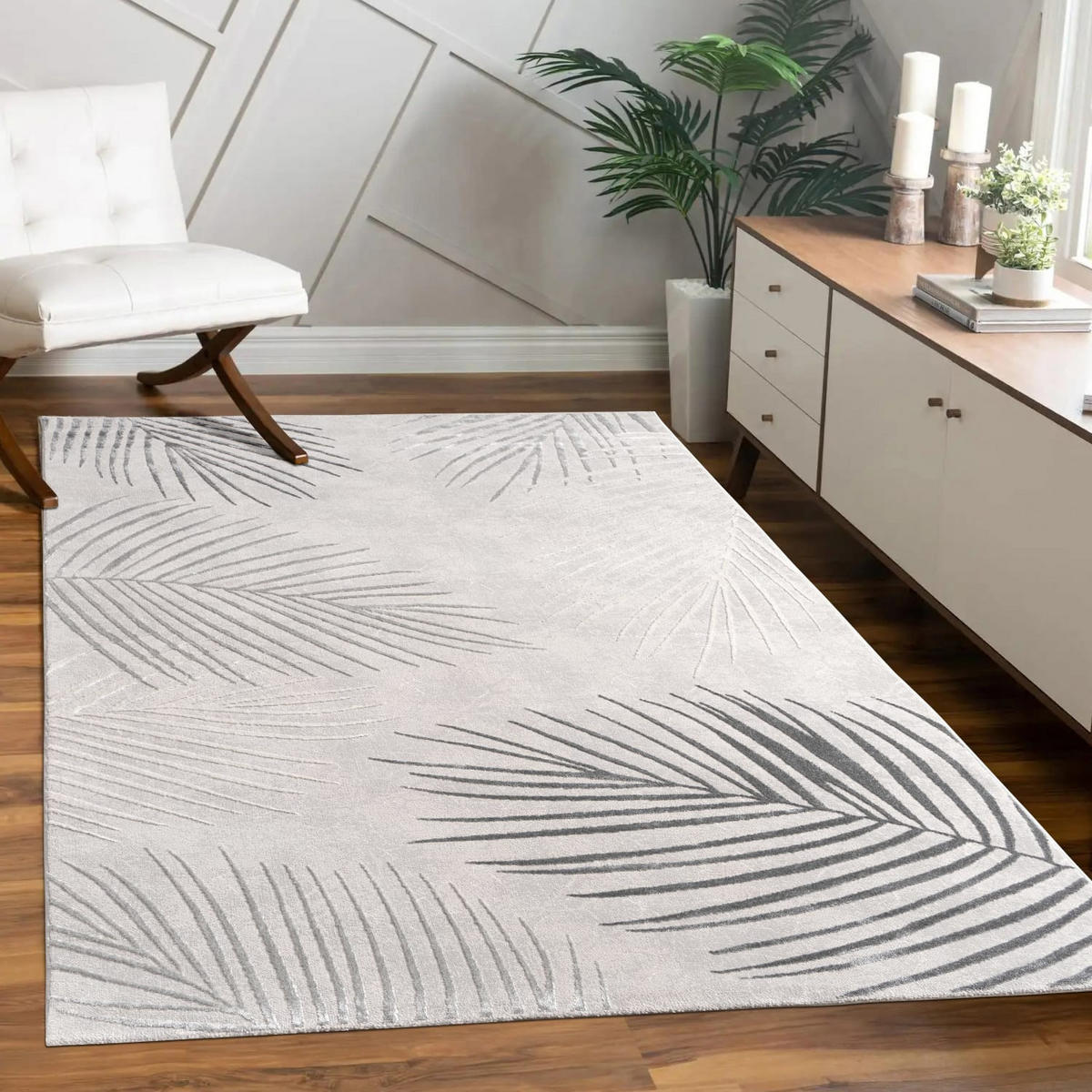 TEPPICH Kurzflor Blätter Wohnzimmer schmutzabweisend Grau Rechteckig 120x160 - Grau, Textil (120/160cm) - KADIMA DESIGN