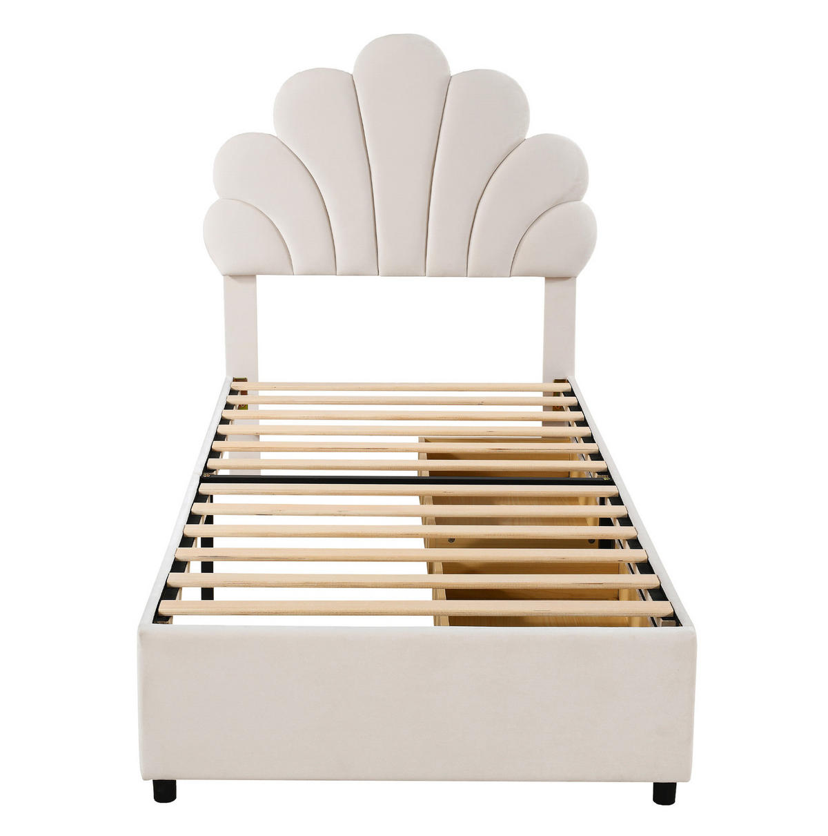 KINDERBETT 90/200 cm aus Samt mit 2 Schubladen und blütenförmigem Kopfteil Beige - Beige, Textil (90/200cm) - Modenvie