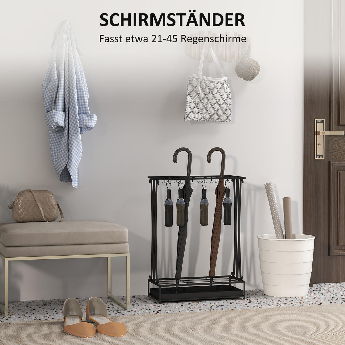 REGENSCHIRMSTÄNDER mit 24 Haken, 21 Löchern, 50 x 24 x 68 cm, Schwarz - Schwarz, Metall (50/68/24cm) - HOMCOM