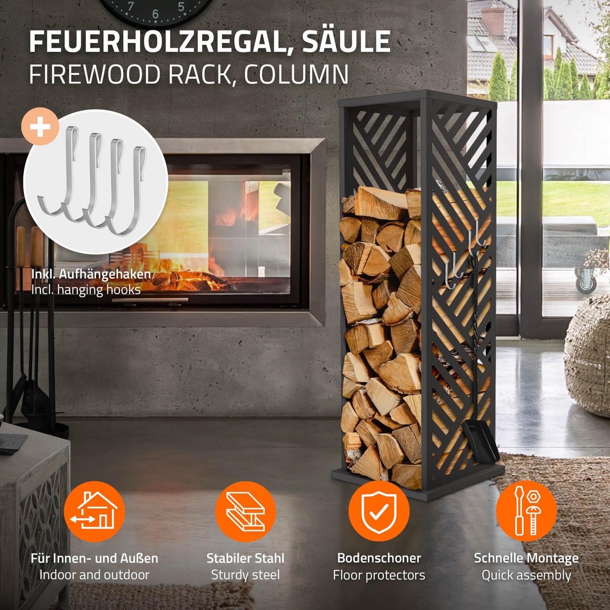 REGÁL NA DŘEVO Regál na palivové dřevo pro vnitřní i venkovní použití 37,5 x 37,5 x 112 cm, pozinkovaná ocel, antracit, pruhovaný vzor - antracitová, kov (37.5/112/37.5cm) - ML-DESIGN