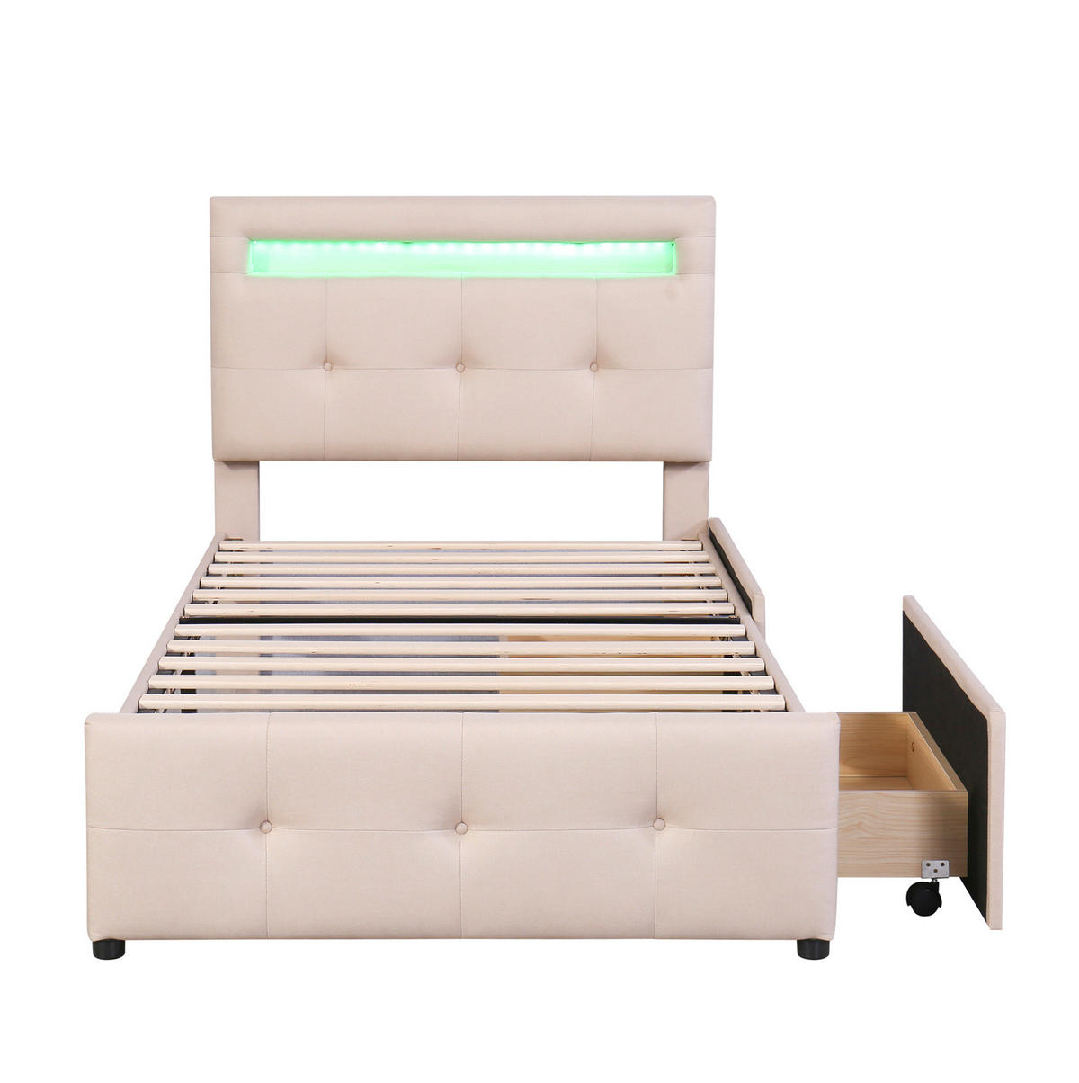 POLSTERBETT mit LED-Beleuchtung 90/200 cm in Beige mit 2 Schubladen - Beige, Holzwerkstoff (90/200cm) - BEAOK