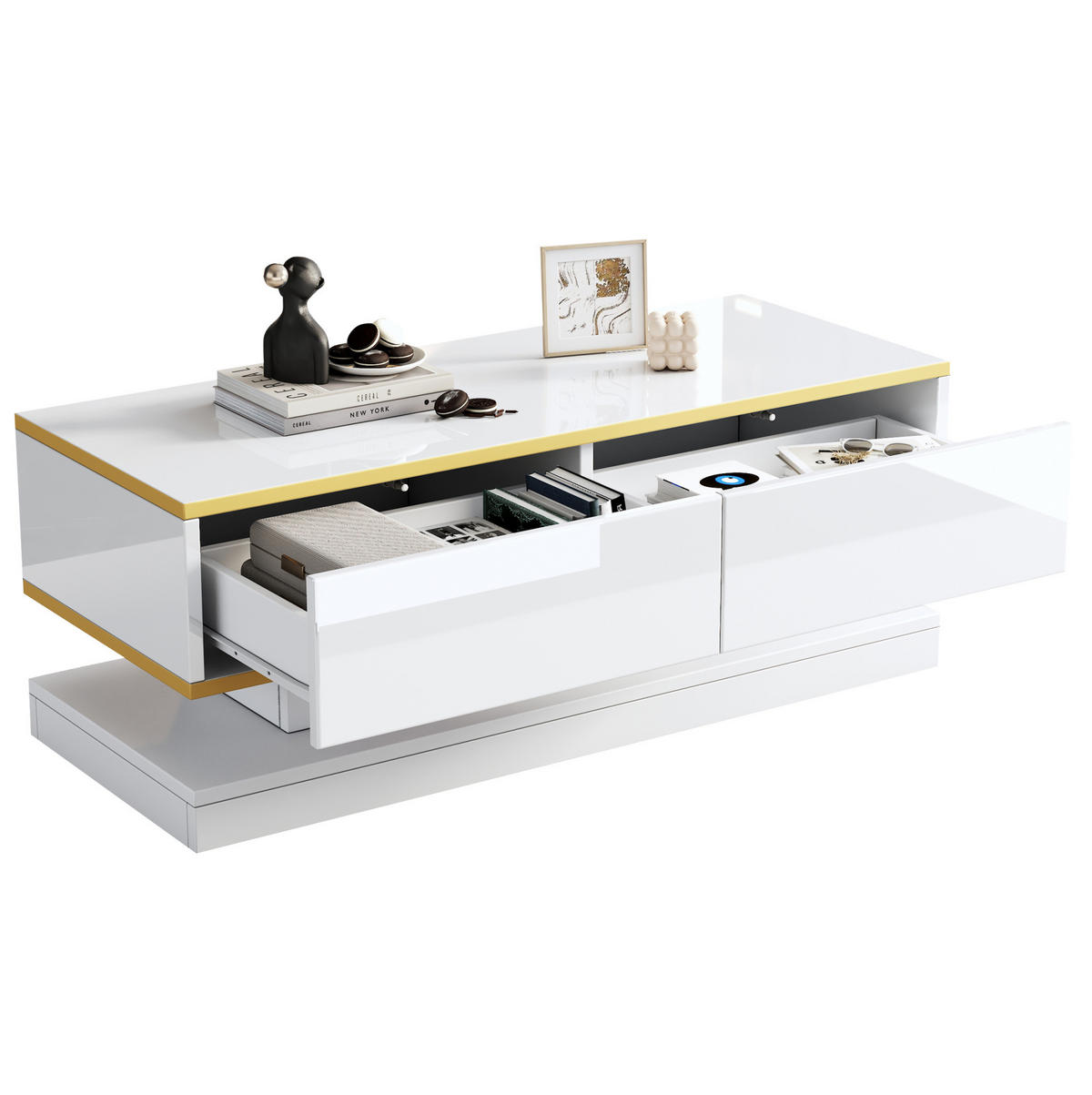 TV-LOWBOARD- und Couchtisch-Set 200x40x40 cm aus Spanplatte Weiß mit Goldrand, Schubladen und offenen Fächern - Weiß, Holzwerkstoff (200/40/40cm) - IVMEU