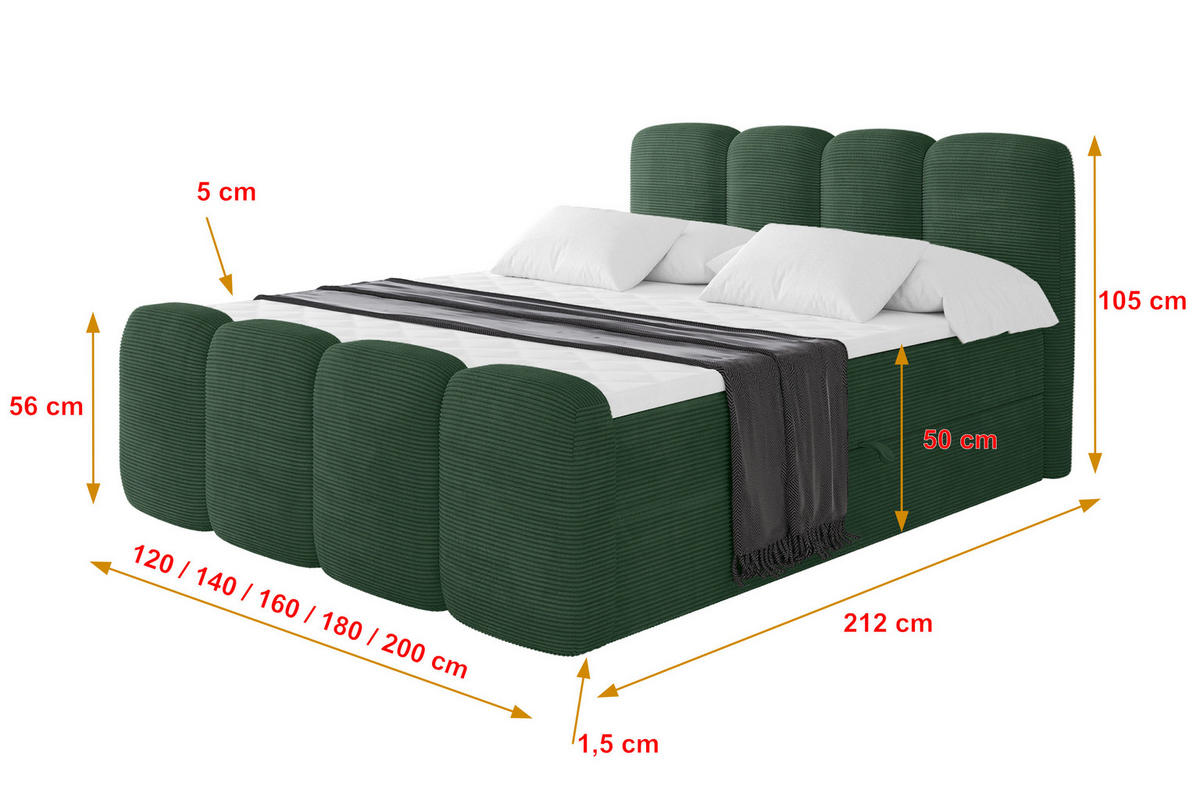 BOXBETT mit Matratze H3 - NINA-Z - 140x200 cm Grün - Waldgrün, Holzwerkstoff (140/200cm) - ALTDECOR