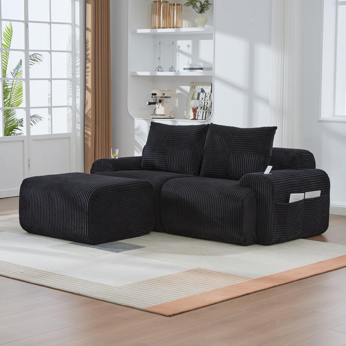 2-SITZER-SOFA aus Cord 200x174x80 cm in Schwarz mit Cupholder & Seitentasche - Schwarz, Textil (174/80/200cm) - Modfu