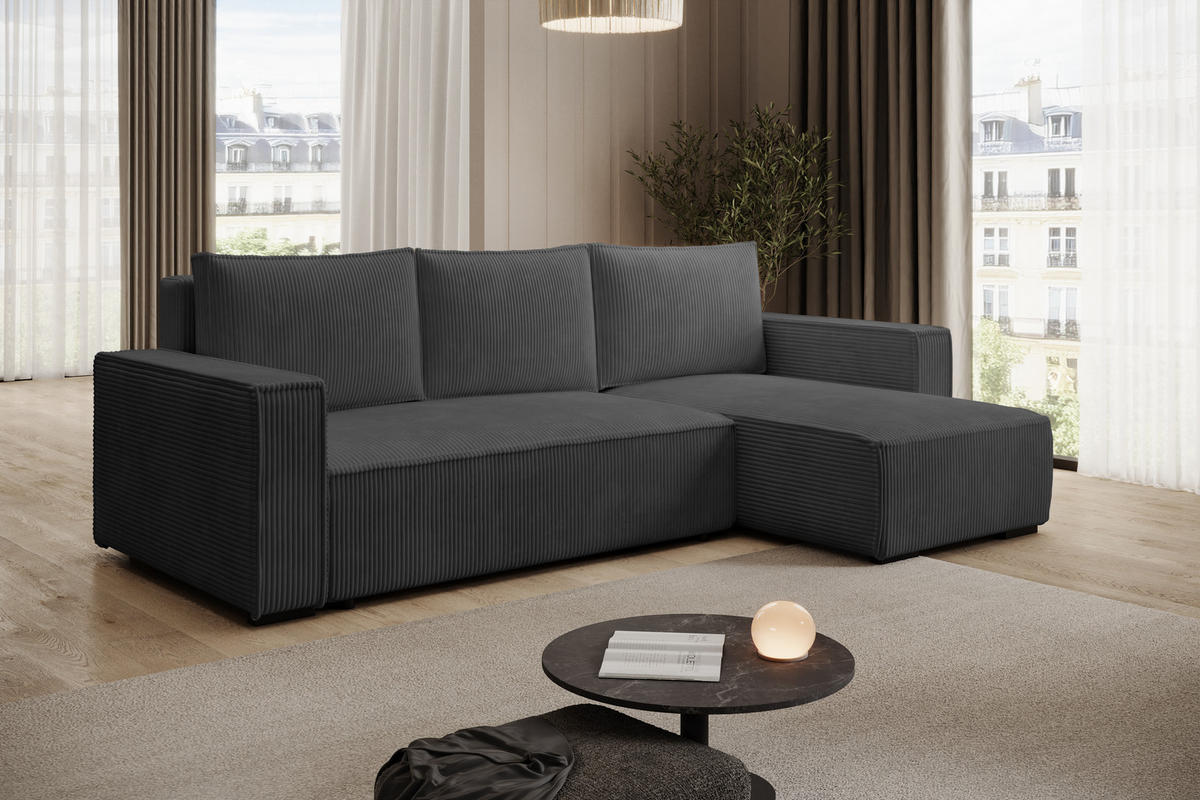 ECKSOFA CUDDY L, Eckcouch in L-Form mit Schlaffunktion und Bettkasten, Farbe: Dunkelgrau, Cordstoff, Ottomane Rechts - Dunkelgrau, Textil (240/140cm) - Storez24
