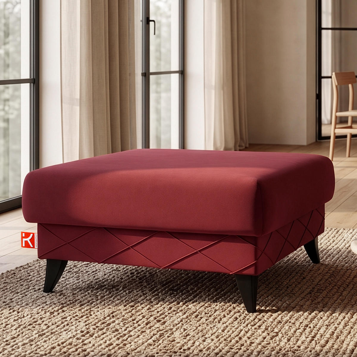 POUF GUSTAVO III Velours, Bordeaux - Bordeaux, Holz/Holzwerkstoff (92/49/92cm) - KONSIMO®