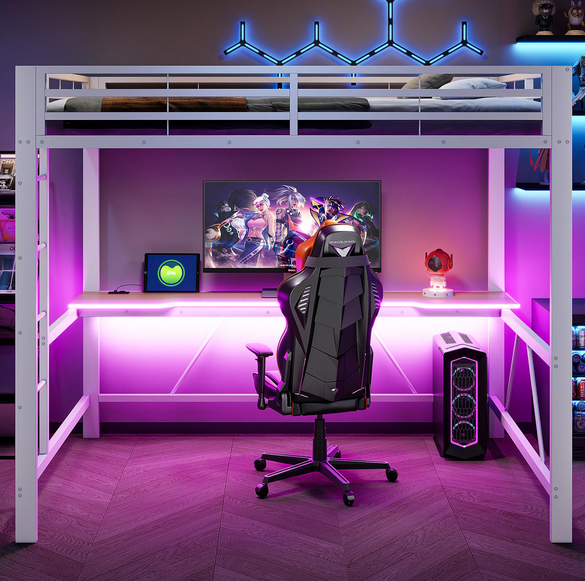 HOCHBETT 140/200 cm aus Metall und MDF mit Schreibtisch, LED-Beleuchtung und USB-Ladestation Weiß - Weiß, Holzwerkstoff (140/200cm) - Modenvie