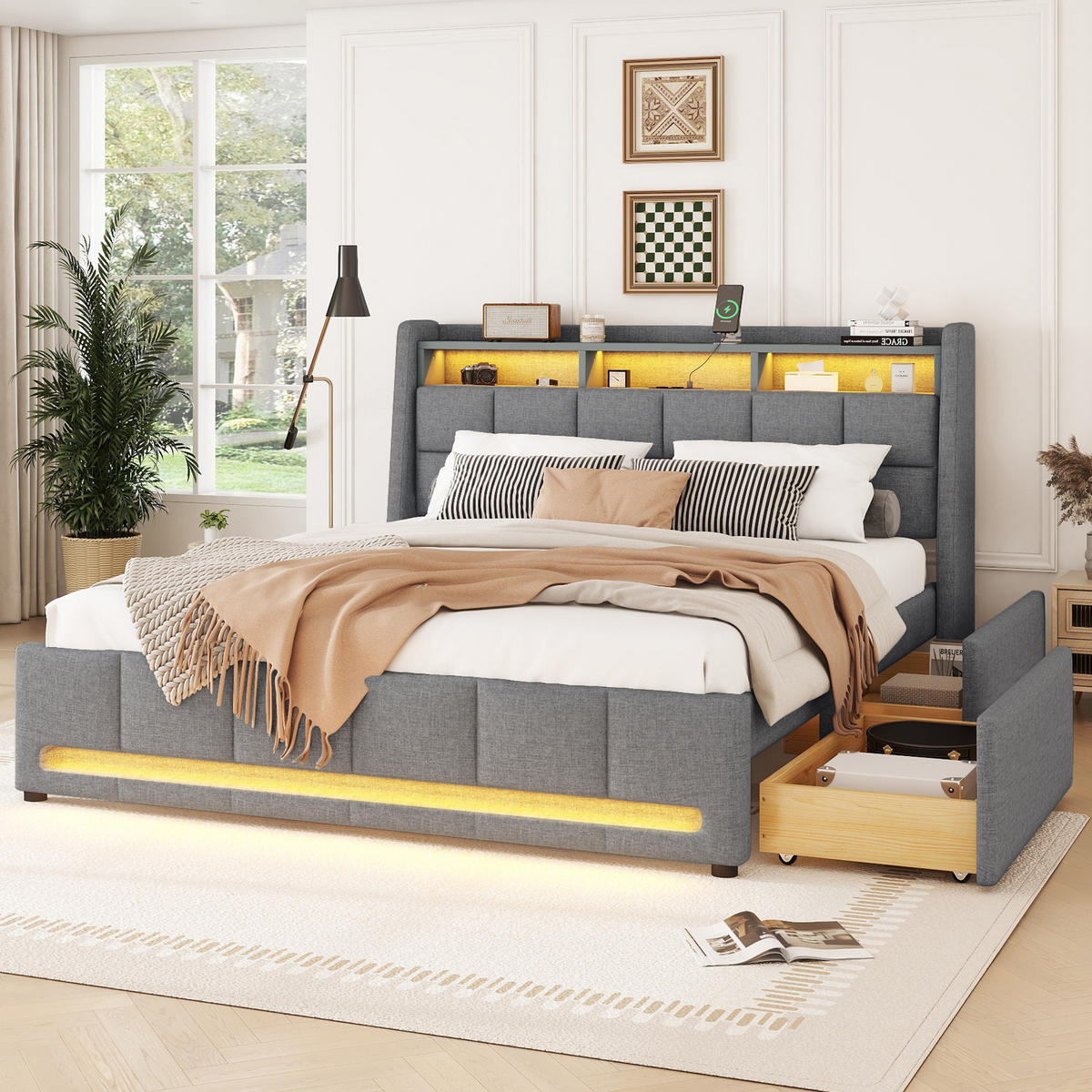 POLSTERBETT 140x200cm Grau APP-Fernbedienung LED Schubladen USB Steckdose - Grau, Holz (140/200cm) - FLIEKS