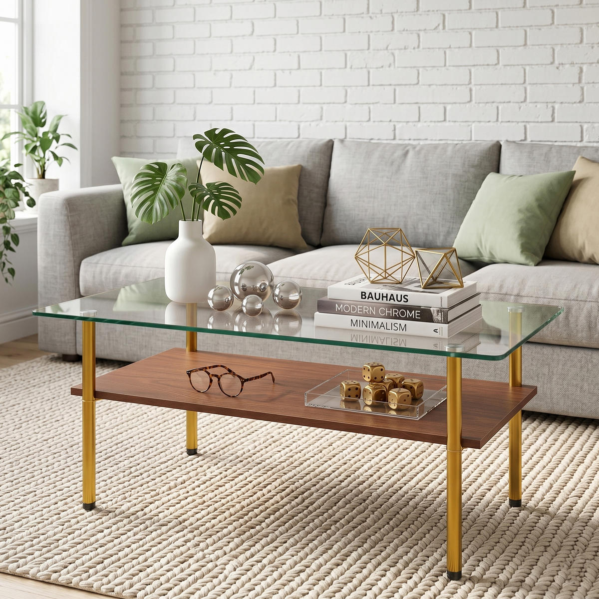 COUCHTISCH rechteckig Holzoptik/Gold aus Glas/MDF/Metall 98/58/45 cm - Transparent/Goldfarben, Glas/Holzwerkstoff (98/58/45cm)