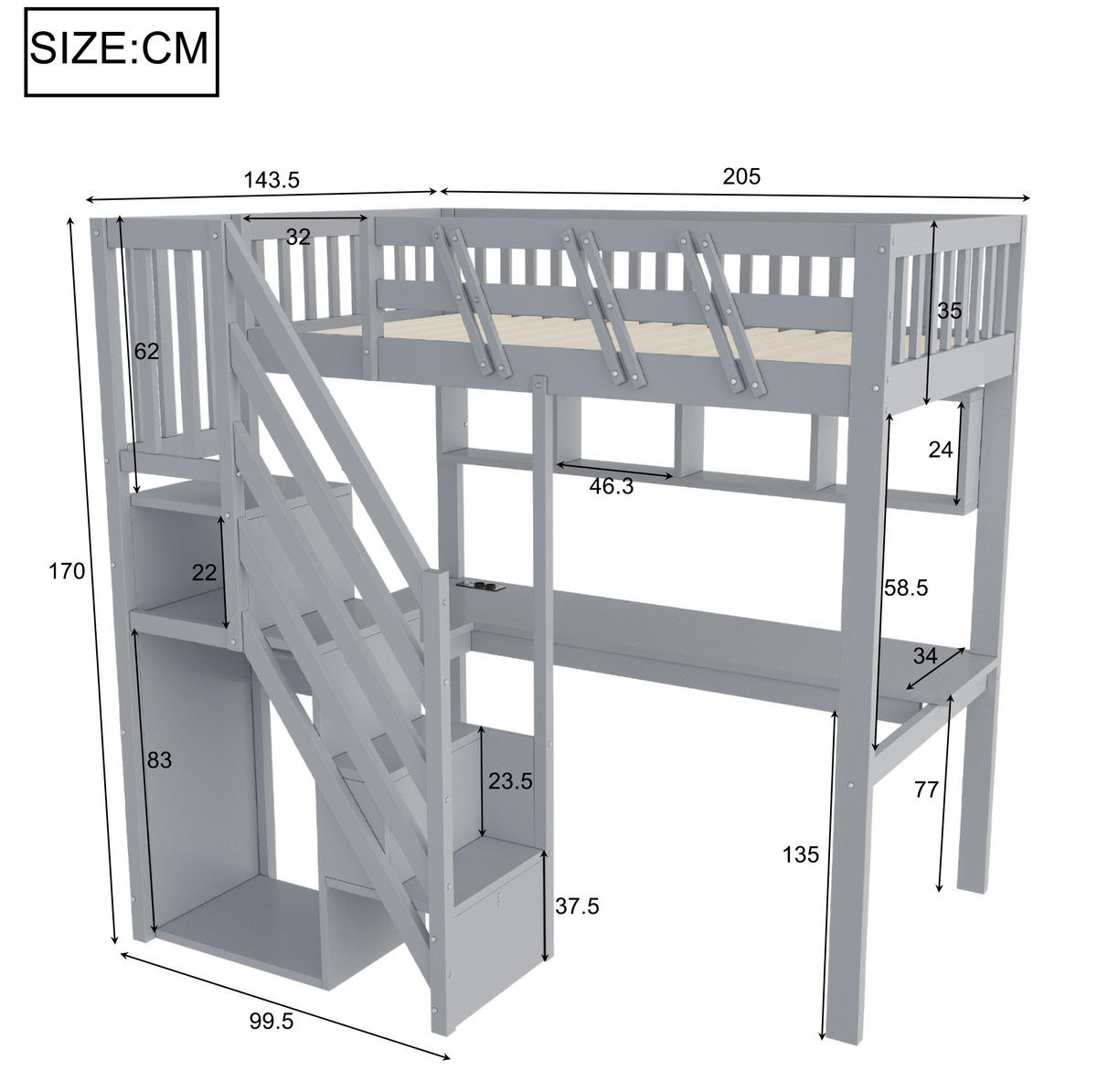 HOCHBETT aus Holz 90x200 cm Grau mit Stauraumtreppe, Schreibtisch, LED-Beleuchtung und Steckdosen - Grau, Holz (90/200cm) - IVMEU