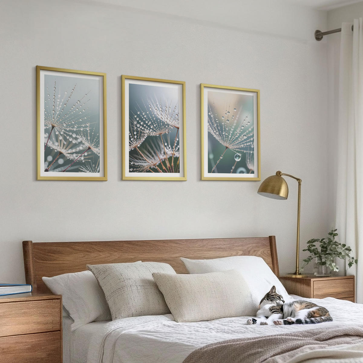 WANDBILDER 3er Set - 40x60 cm Goldrahmen - Wassertropfen auf Löwenzahnsprossen - Goldfarben, Kunststoff (40/60cm) - ArtPrintCave