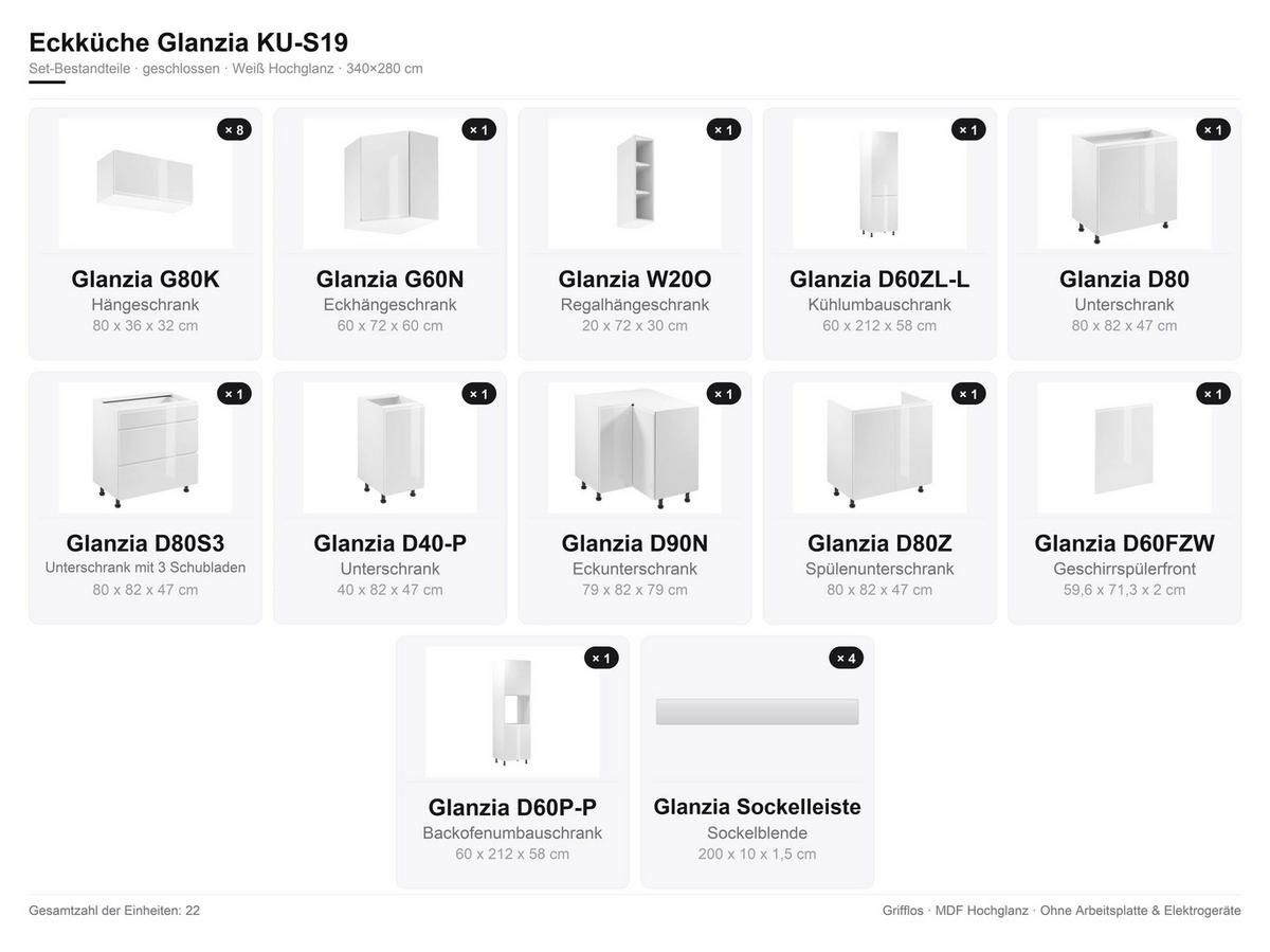 ECKKÜCHE - 340x280 cm Glanzia – KU-S19 – Weiß Hochglanz - Weiß Hochglanz, Holzwerkstoff (340/212/280cm) - hi-markt